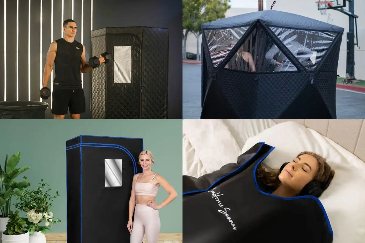 A collage featuring four of the best portable saunas featuring three portable sauna tents and one infrared sauna blanket in different surroundings