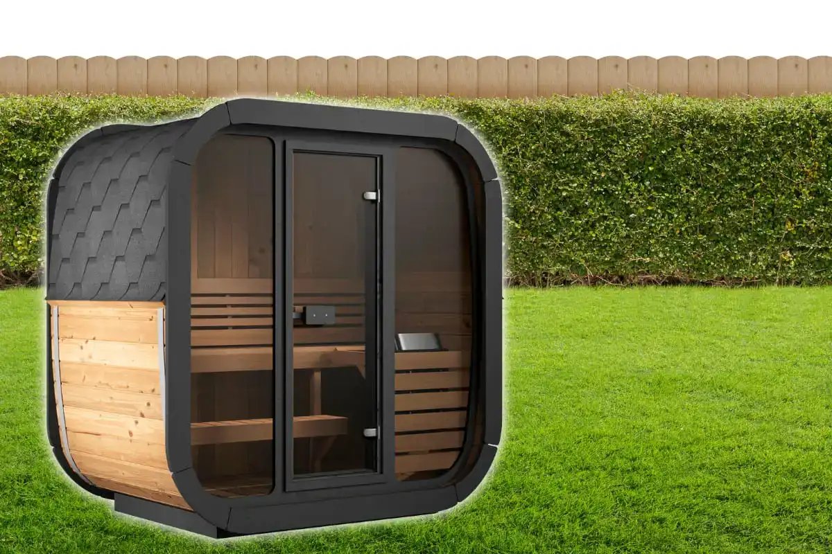 SaunaLife CL4G traditional outdoor sauna installed in residential backyard setting showing modern cube design, Thermo-Spruce construction, and perfect integration with landscaped outdoor space