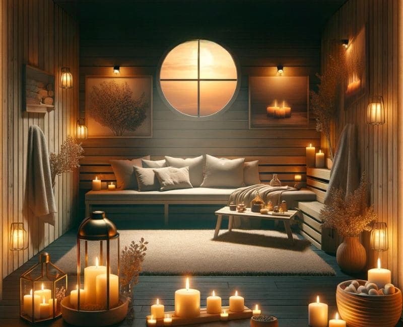 Cozy home sauna ambiance enhanced with aromatherapy, candles and warm, inviting lighting.