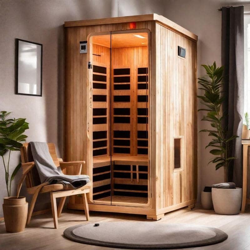 Modern indoor infrared sauna unit in a home setting with a relaxing chair and plants, showcasing a private wellness space