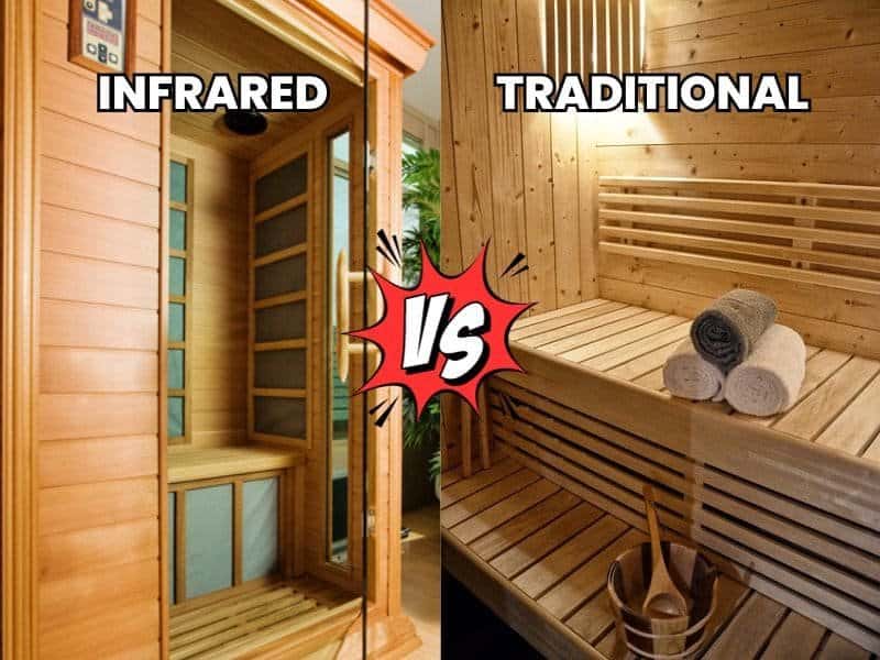 Infrared vs Traditional Sauna comparison image showcasing the sleek modernity of infrared alongside the classic warmth of a traditional sauna