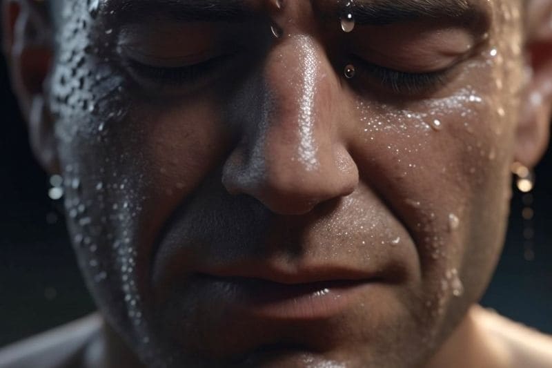 Close-up of a man's face with beads of sweat, capturing the intensity of sauna heat, embodying the concept of 'how hot should a sauna be' for health and wellness