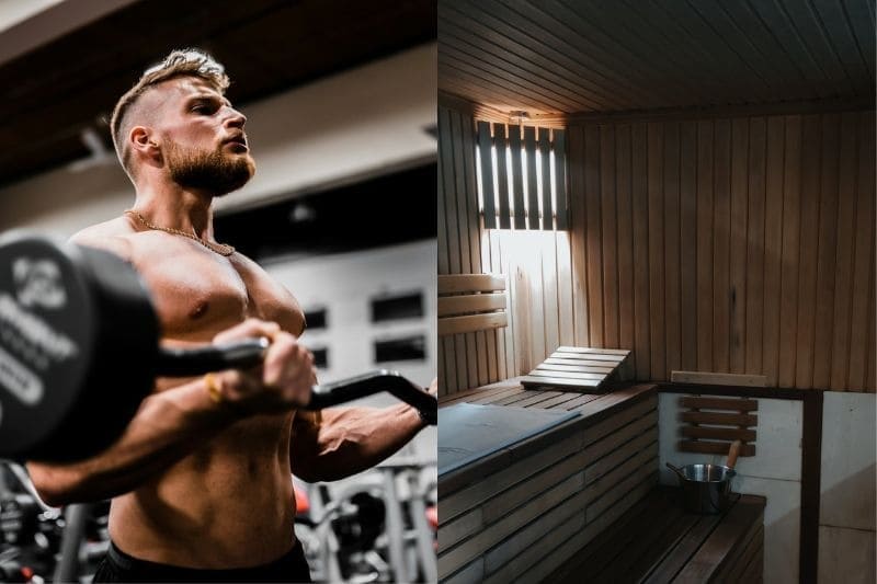 Man working out intensively and a serene sauna room, highlighting the benefits of sauna after workout.