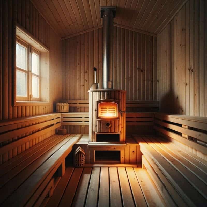 Cozy traditional sauna interior with a wood-fired stove, highlighting the natural warmth of wooden aesthetics.