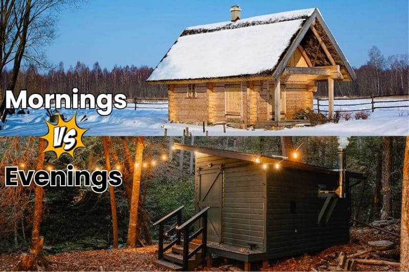 Discover the best time to use a sauna, comparing serene morning settings with a cozy wooden cabin in the snow and tranquil evenings adorned with warm lights