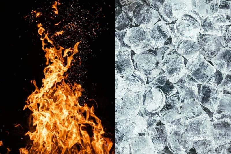 Contrasting elements of fiery orange flames and cold clear ice cubes, representing the health practices of sauna vs ice bath.