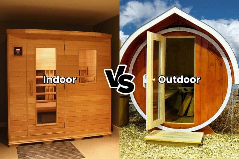 Indoor infrared sauna on the left and an outdoor barrel shaped sauna on the right side, catering to preferences in the debate of indoor vs outdoor sauna.