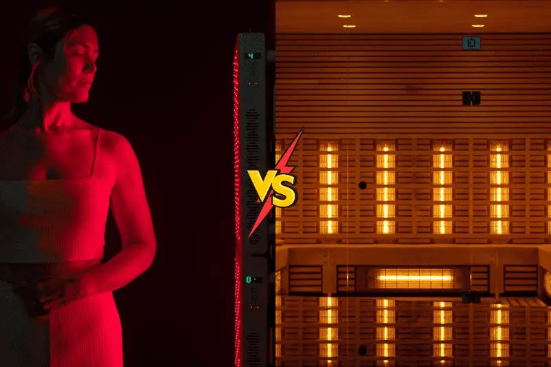 A woman using a red light therapy panel on the left contrasts with the warm glow of an infrared sauna on the right, illustrating the differences between red light therapy vs infrared sauna for health and wellness