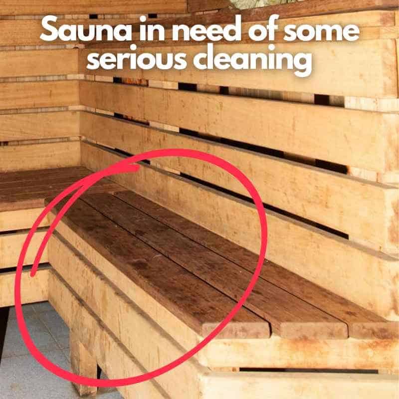 Sauna in need of some serious cleaning, showing stained wood and dirt buildup on benches.