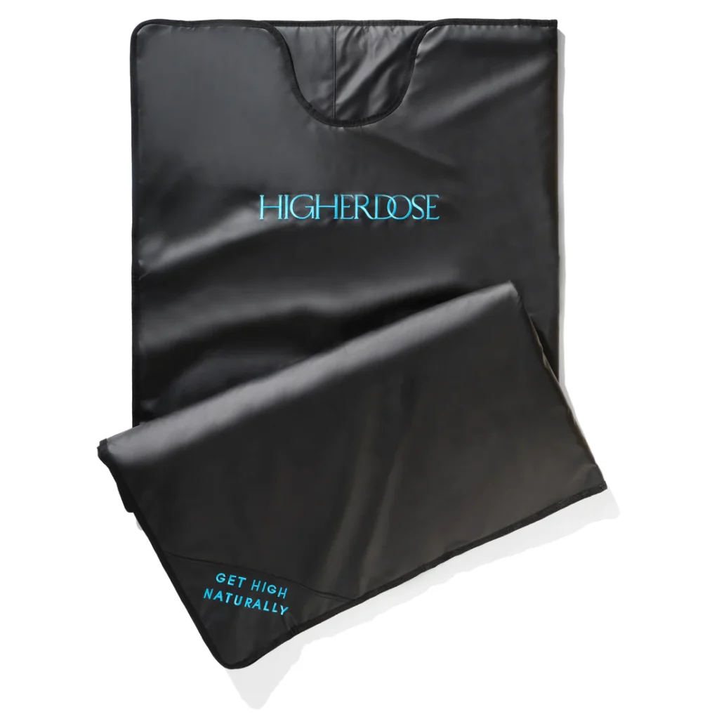Folded HigherDOSE sauna blanket showcasing the brand's commitment to wellness and natural health.