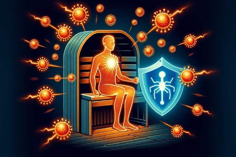 Digital illustration of a person in an infrared sauna with protective shield against viruses, highlighting immune system enhancement.
