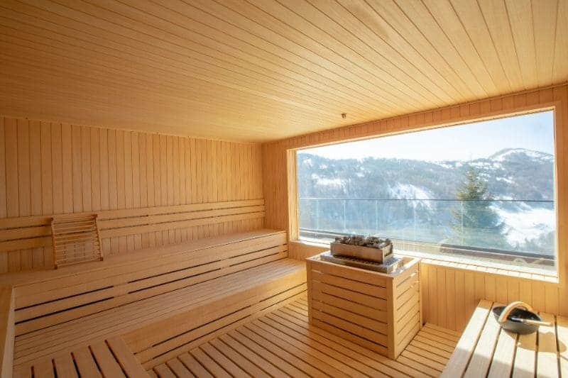 Spacious electric sauna with panoramic mountain views, combining luxury with the health benefits of sauna bathing.