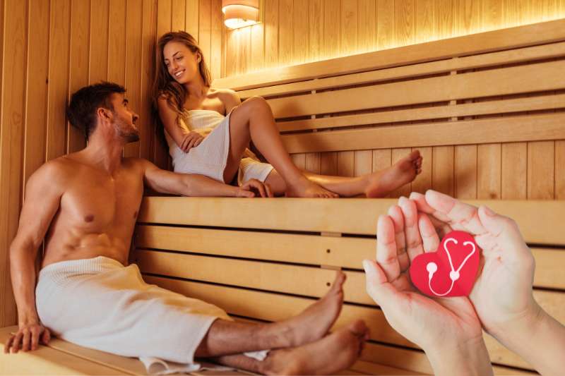 A relaxed man and woman in a sauna, exemplifying the link between sauna and heart health as they enjoy the cardiovascular benefits of the warm environment.