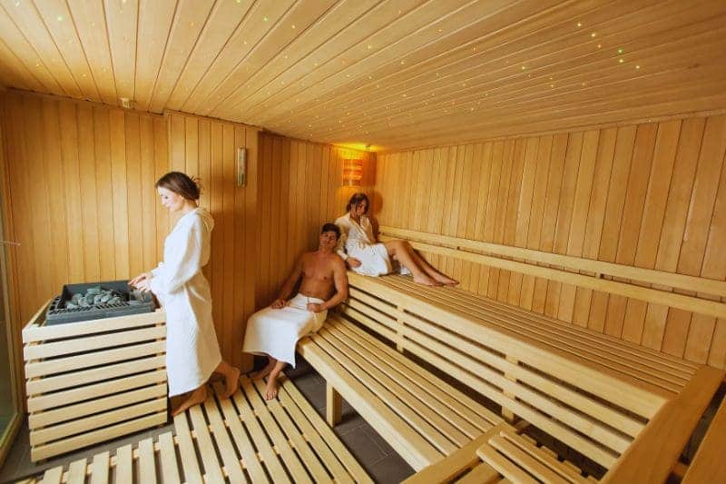 A group of friends relaxing in an electrically heated sauna, showcasing the social and wellness aspects of modern sauna use.