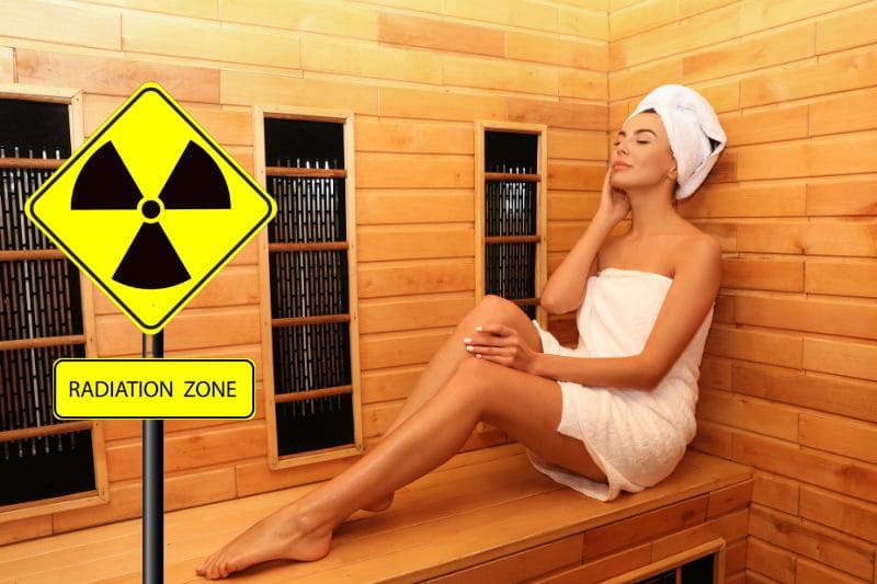 A woman relaxing in an infrared sauna and a cautionary radiation zone sign, highlighting EMF radiation exposure as one of the major infrared sauna dangers.