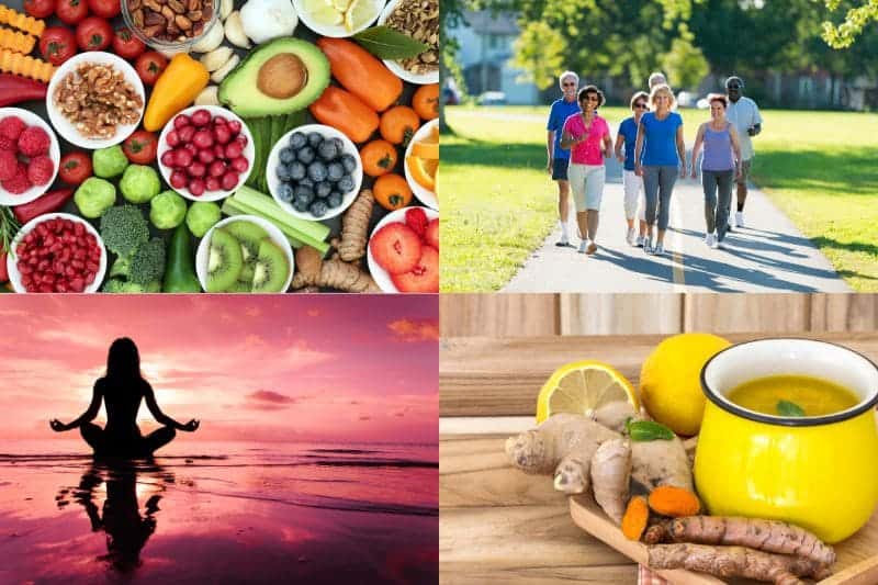 A collage showcasing anti-inflammatory foods, regular exercise, meditation, and natural ginger tea as holistic approaches to naturally reduce inflammation.