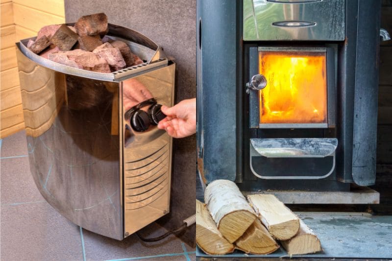 Electric vs wood sauna heater comparison, featuring a modern electric sauna heater beside a cozy wood-burning stove, the key choices for a personalized sauna experience.