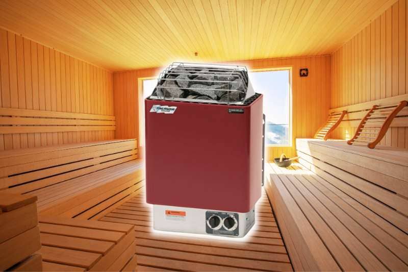 A Finlandia FLB-80 sauna heater displayed prominently with a modern sauna room with wooden benches in the background.