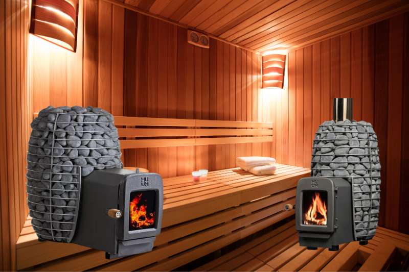 Interior of a traditional sauna with wooden benches, and a warmly lit ambience with images of two HUUM Hive Series wood burning sauna stoves with visible flames in the foreground.