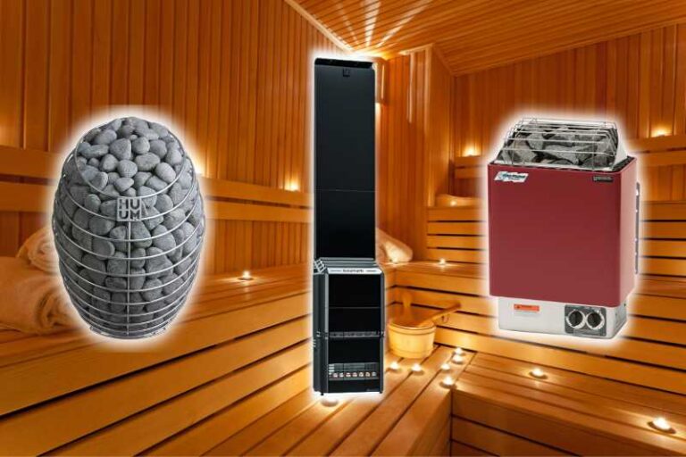 A selection of the best electric sauna heaters displayed in a wooden sauna setting, featuring a tall black tower heater, a compact red heater, and a traditional grey stone-filled heater.