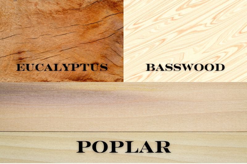 Comparison of wood panels, showing Eucalyptus, Basswood, and Poplar.