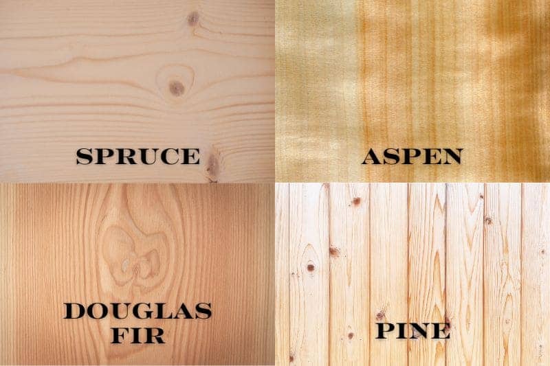 Comparison of wood panels, showing Spruce, Aspen, Douglas Fir, and Pine.