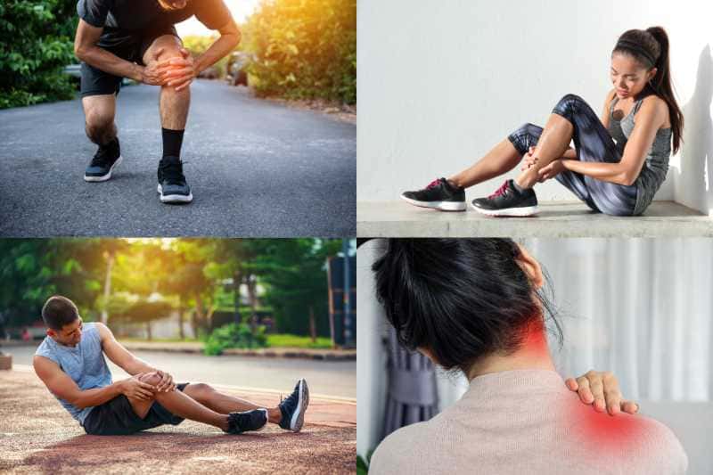 A collage of athletes experiencing muscle pain and joint pain, showing the physical strain from intense activities.