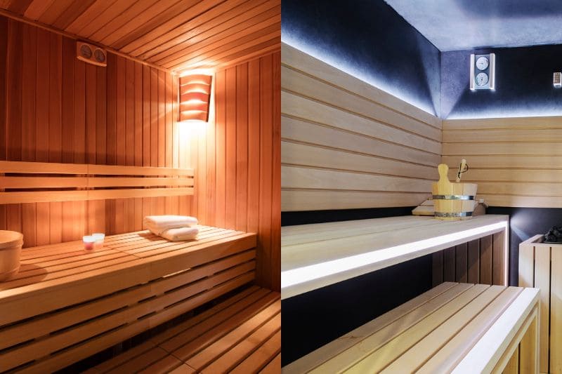 Side-by-side comparison of traditional and modern sauna lighting designs, highlighting warm tones and contemporary finishes.