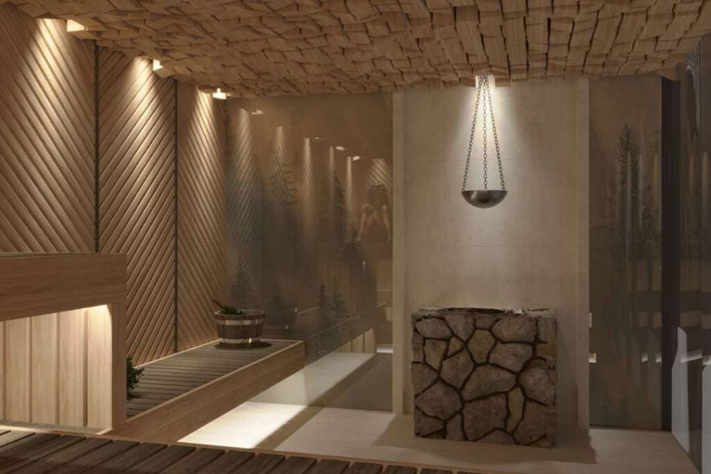 Luxurious sauna and spa interior with wooden ceiling details, bench seating, and hanging light fixture