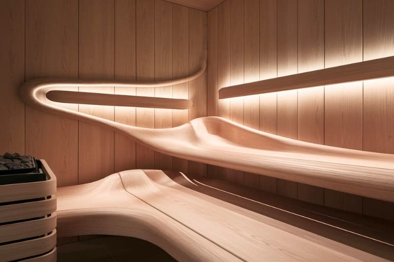 Innovative sauna bench design featuring flowing curved wooden surfaces and ambient lighting