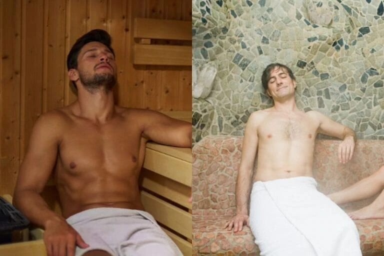 Two men relaxing separately, one in a sauna and the other in a steam room.