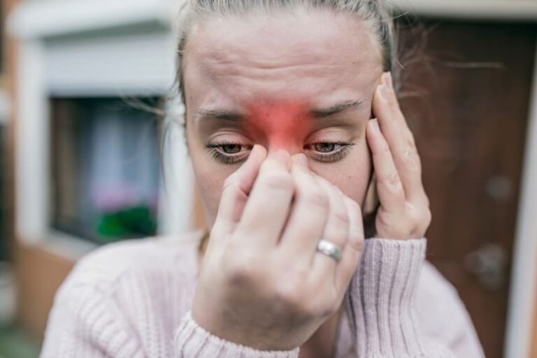 A woman touching her face, indicating pain in her sinus area.