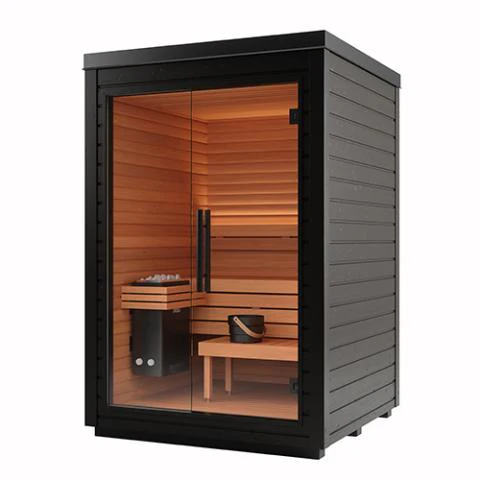 Auroom Mira S 2-Person Outdoor Cabin Sauna Kit with full glass front and black thermo-spruce exterior