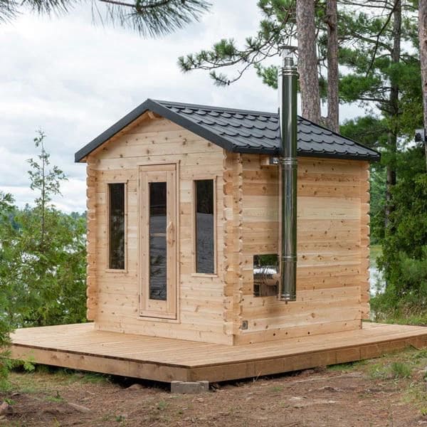 Dundalk CT Georgian Cabin 6 Person Outdoor Sauna with Eastern White Cedar construction and metal shingle roof<br><br><br><br><br><br><br><br><br>