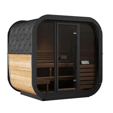 SaunaLife 4-Person Cube-Series Outdoor Home Sauna Kit CL5G with full-glass front and Thermo-Spruce exterior