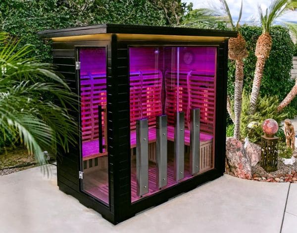 Sun Home Luminar 5-Person Full-Spectrum Infrared Outdoor Sauna with glass exterior and cedar wood interior