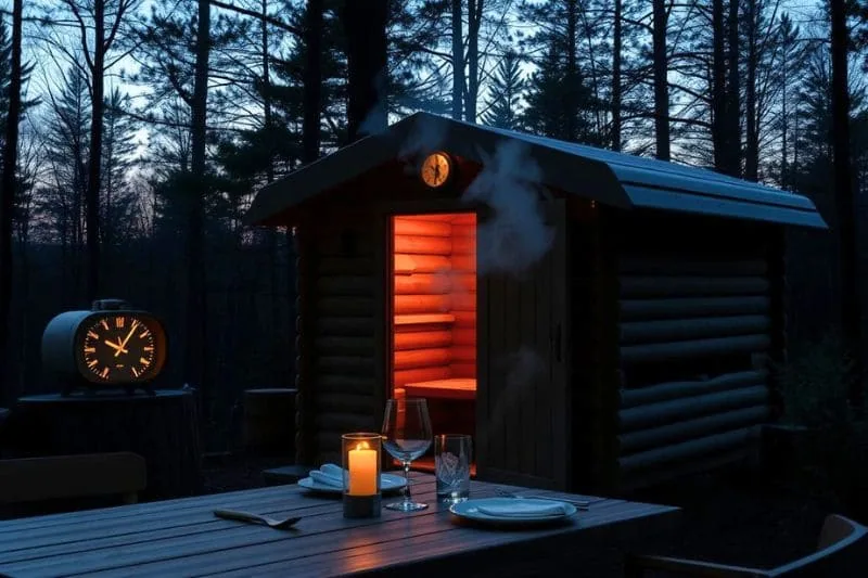 Cozy sauna cabin with dining setup, ideal for evening use after meal