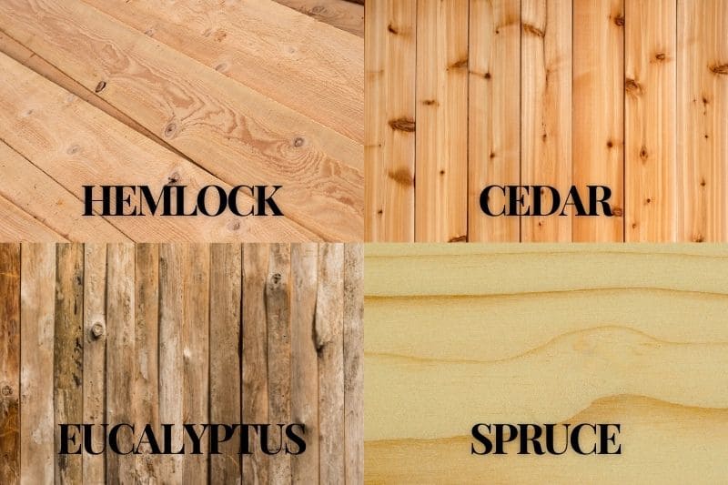 Comparison of wood types used in infrared saunas: hemlock, cedar, eucalyptus, and spruce