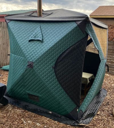 Sweat Tent Portable Outdoor Sauna in green setup on gravel