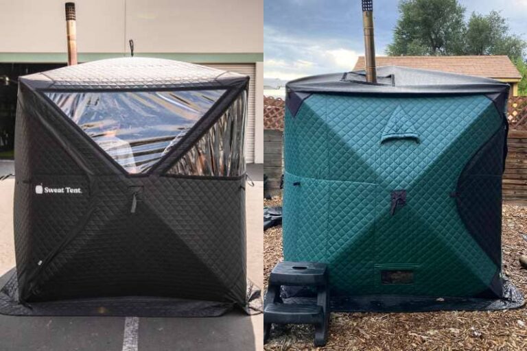 Two Sweat Tent Portable Outdoor Saunas side by side, one in black and another in green color, showing versatility