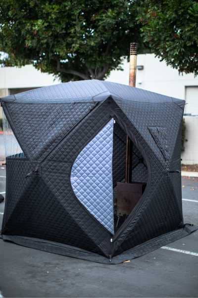 Sweat Tent Portable Outdoor Sauna set up in an urban environment