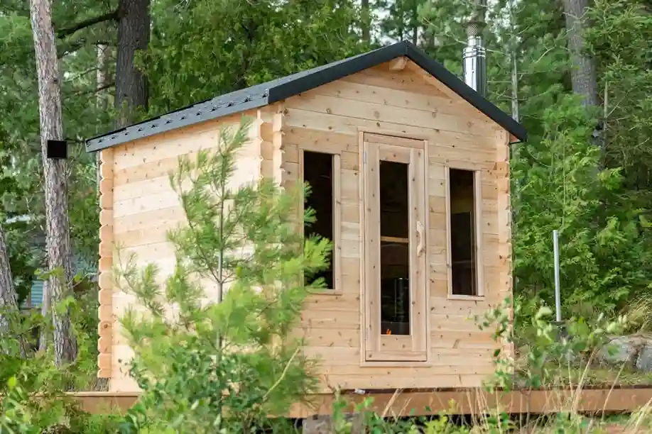 Light-colored wooden cabin sauna with glass door and windows, situated in a lush pine forest setting, featuring a metal roof and chimney.