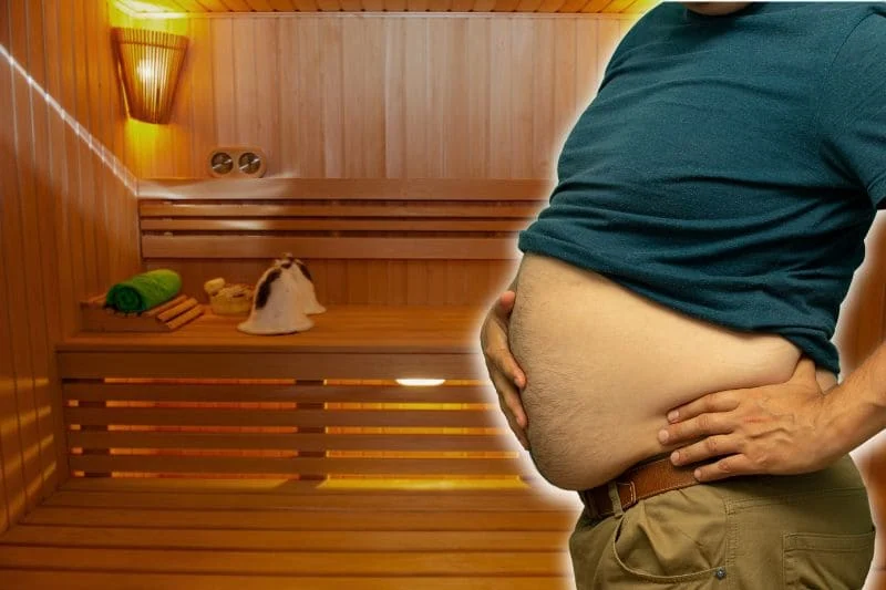 Man with visible bloated stomach with a sauna interior in the background, illustrating the question: do saunas help with bloating?