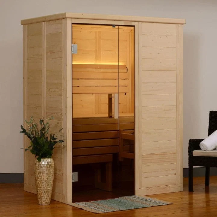 Compact 2-person indoor sauna cabin with glass door, perfect for home wellness