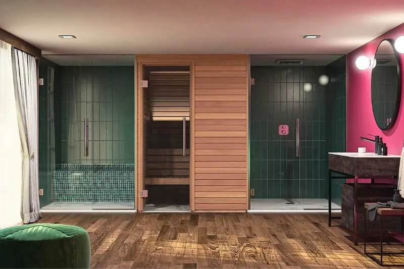 Luxurious 2-person indoor sauna integrated into a modern bathroom with green and pink decor