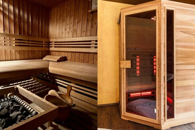 Comparison of traditional wooden sauna interior and modern infrared sauna cabin