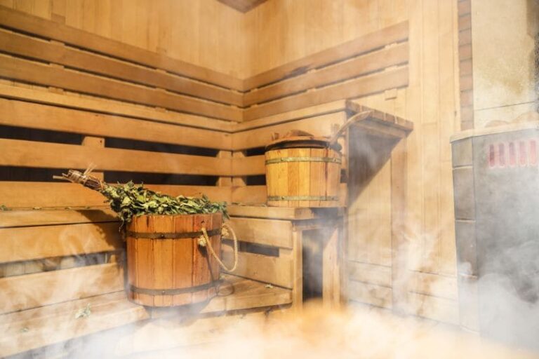 Traditional Finnish sauna with steam and a sauna whisk for respiratory relief and cough treatment