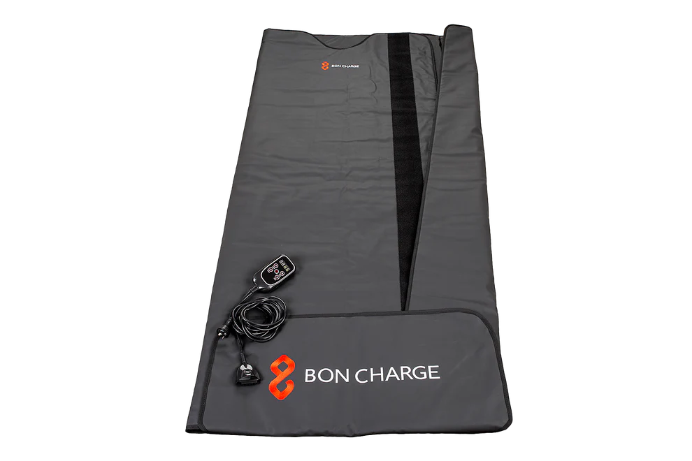 BON CHARGE Infrared Sauna Blanket fully extended showing digital controller and premium materials