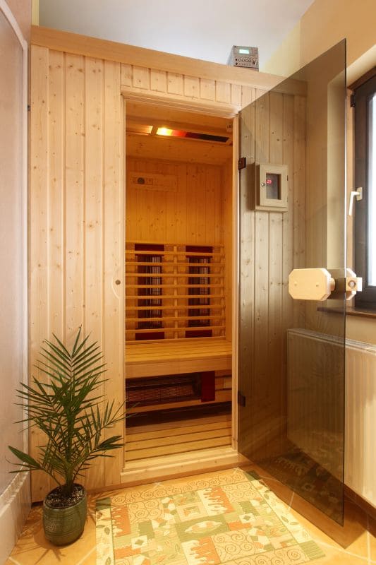 Residential infrared sauna installation with digital control panel, decorative palm plant and patterned floor mat