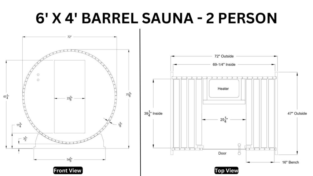 Technical blueprint showing detailed dimensions of 6' x 4' two-person barrel sauna including front and top view measurements